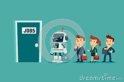 Robot and a group of business people in line waiting for job interview Vector Illustration