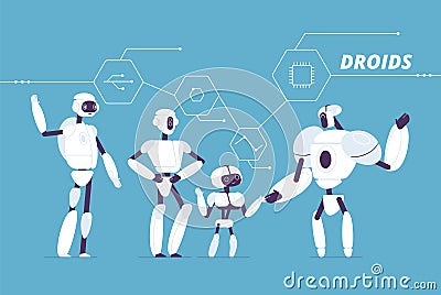 Robot group. Various androids models standing together crowd of futuristic cyborgs vector concept Vector Illustration