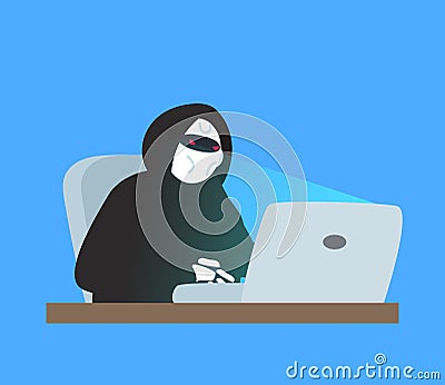 Robot hacker in black hoodie using laptop cyber attack internet security vector Vector Illustration