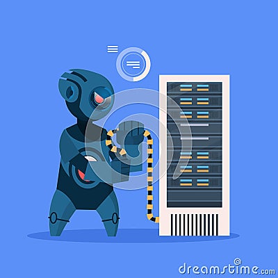 Robot Hacker On Blue Background Concept Modern Artificial Intelligence Technology Vector Illustration