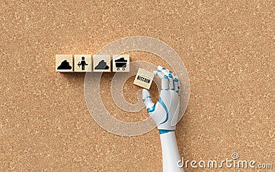 Robot hand adding a cube with message BITCOIN in a crypto currency mining concept - 3d illustration Cartoon Illustration