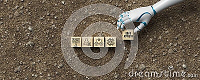 Robot hand adding a cube with the text ROBO ADVISOR to a stack of cubes with business icons - 3d illustration Cartoon Illustration