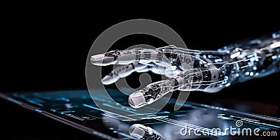 Robot hand ai artificial intelligence assistance work with computer display, crystal office background. Generative AI Stock Photo