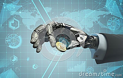 Robot hand in business suit pinching bitcoin between fingers Stock Photo