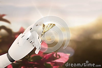 Robot hand with a butterfly on it`s finger Stock Photo