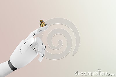 Robot hand with a butterfly on it`s finger Stock Photo