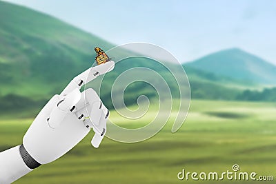 Robot hand with a butterfly on it& x27;s finger Stock Photo