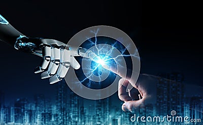 Robot hand creating electricity with human hand 3D rendering Stock Photo