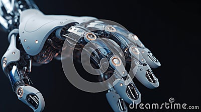 Robot hand on dark isolated background, Detailed image of a robotic anatomy close up, Cyborg mechanical arm pointing Stock Photo