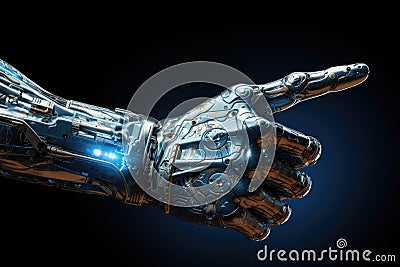 Robot hand on dark isolated background, Detailed image of a robotic anatomy close up, Cyborg mechanical arm pointing Stock Photo