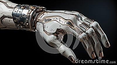 Robot hand on dark isolated background, Detailed image of a robotic anatomy close up, Cyborg mechanical arm pointing Stock Photo