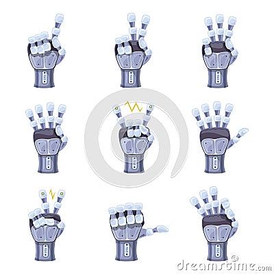 Robot hand gestures. Robotic hands. Mechanical technology machine engineering symbol. Hand gestures set. Big robot arm. Vector Illustration