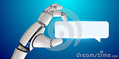 Robot hand holding chat bubble. Chat bot. Technology, machine learning, neural network, LLM, Artificial Intelligence, AI Vector Illustration