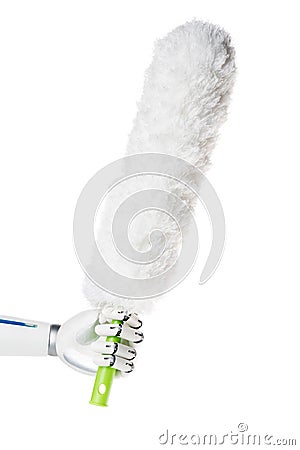 robot hand holding dust brush for cleaning Stock Photo