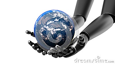Robot hand holding the Earth. Isolated on white background. Planet Earth in hands at high technology. 3D-rendering. Stock Photo