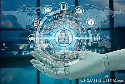 Robot hand holding network using padlock over the Network connection technology, Investment Financial intelligence artificial Stock Photo