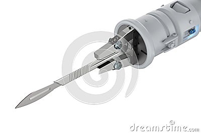 Robot hand holding scalpel or surgery knife Stock Photo