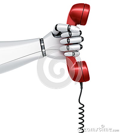 Robot hand holding telephone Stock Photo