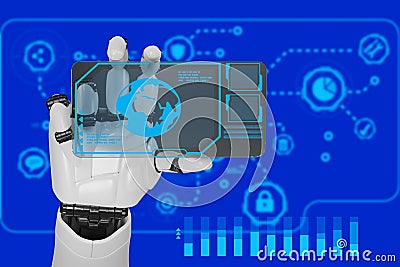 Robot hand holding and touching digital world on 3d blue background global communication and network rendering mixed media differe Stock Photo