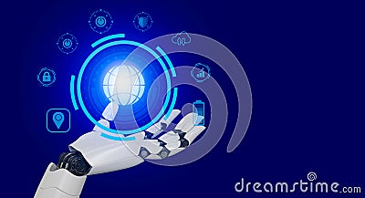 Robot hand holding and touching digital world on 3d blue background global communication and network rendering mixed media differe Stock Photo