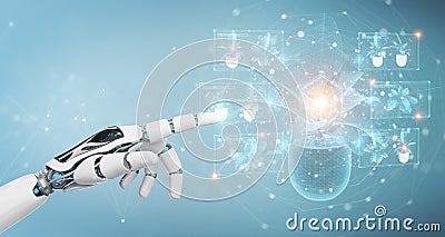 Robot hand holding and touching holographic projection of a plant with digital analysis 3D rendering Stock Photo