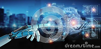 Robot hand holding and touching wireframe holographic digital projection of an engine 3D rendering Stock Photo