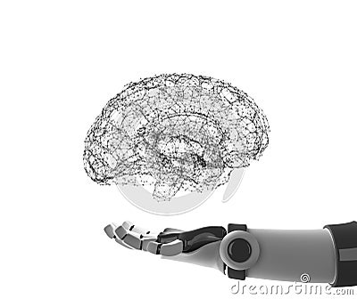 Robot hand holding virtual brain isolated on white. Artificial Cartoon Illustration