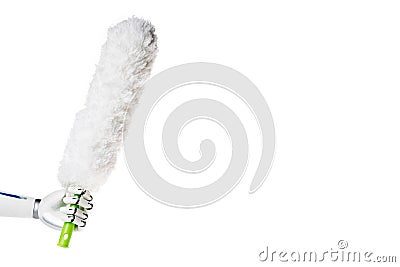 robot hand holding white dust brush for cleaning Stock Photo