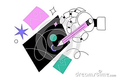 Robot hand holds a pencil, draws an artwork in computer program, creates digital art, Artificial intelligence generates Vector Illustration
