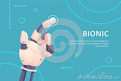 Robot hand pointing. Bionic gestures digital hand touching on screen holographic button futuristic concept vector Cartoon Illustration
