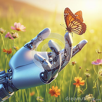 a robot and the hand of a robot in contact with life, with nature Stock Photo