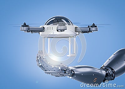 Robot hand working with drone Stock Photo