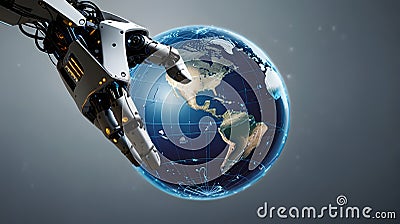 Robot hands connecting to a floating, digital globe Stock Photo