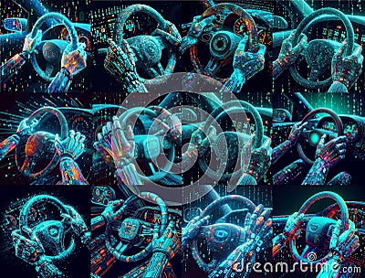 Robot hands driving steering wheel digital matrix art Stock Photo