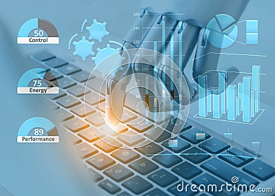 Robot hands and fingers point to laptop digital button advisor chatbot robotic artificial intelligence Stock Photo