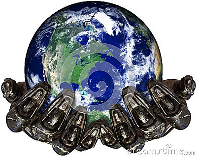 Robot Hands Holding Earth Isolated, Technology, Environment Stock Photo