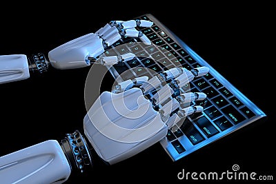 Robot hands typing on keyboard, keypad. Robotic hand cyborg using computer. 3d render realistic illustration Cartoon Illustration