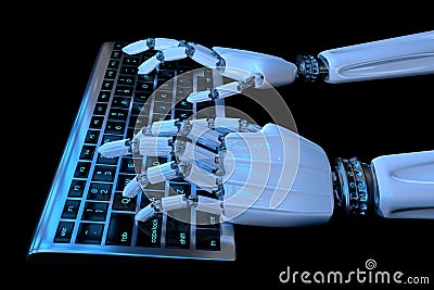 Robot hands typing on the keypad in dark background. Robotic arm cyborg using computer. 3d render realistic illustration Cartoon Illustration