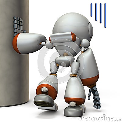 A robot that is hanging on a pillar. He is exhausted. Cartoon Illustration