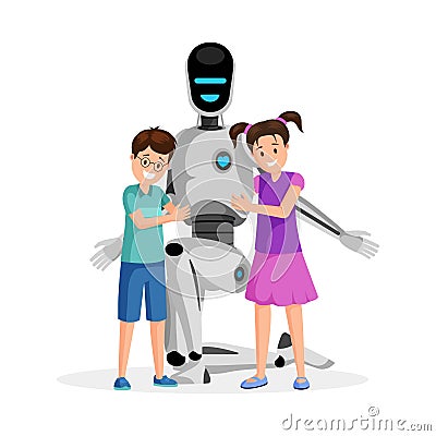 Robot with happy children flat vector illustration. Little boy and girl with artificial babysitter. Futuristic Vector Illustration