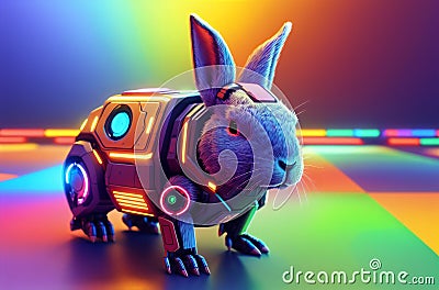 Robot hare. Little robot of eared animal in bright colors. Concept of modern world, toy animal. Stock Photo