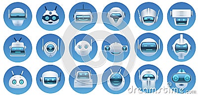 Robot head avatars. Cartoon virtual assistant, chat bot faces, robots logo, emoji and mascots. Futuristic android character icons Vector Illustration