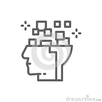 Robot head, brain connected to circuit board, digital thinking, artificial intelligence line icon. Vector Illustration