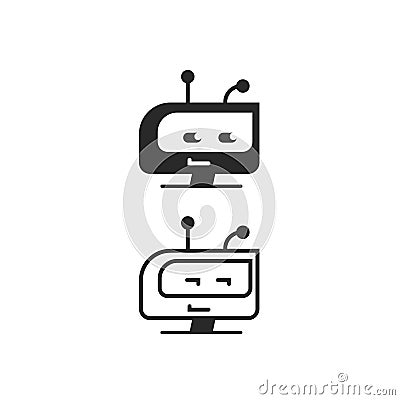 Robot head vector icon, chatbot idea or bot logo isolated, black and white flat cartoon line outline Vector Illustration