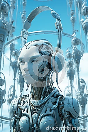 A robot with headphones standing in front of a bunch of wires. Generative AI image. Stock Photo