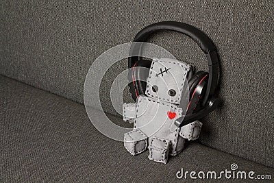 Robot With Headset and Heart. Lovely. Stock Photo