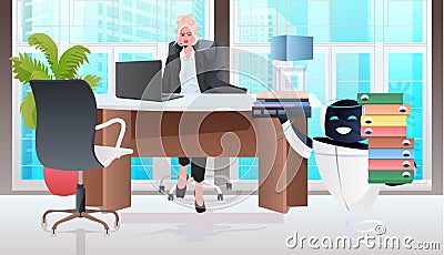 robot helper brings documents to businesswoman at workplace artificial intelligence teamwork concept Vector Illustration