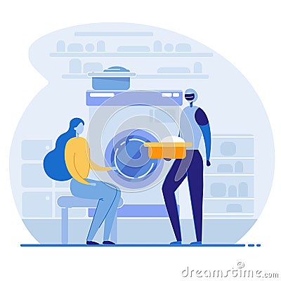 The robot helps the housewife with the laundry. Android uses a washing machine. Woman controls work process. New Vector Illustration