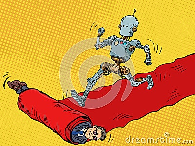 Robot hero on the red carpet carpet of the movie premiere. The winner goes ahead, man is the servant Vector Illustration