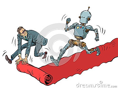 Robot hero on the red carpet carpet of the movie premiere. The winner goes ahead, man is the servant Vector Illustration